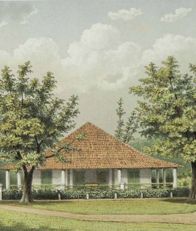 Litho. Litho naar een oorspronkelijke aquarel van J. Rappard.. De woning van de assistent-resident in Sumedang