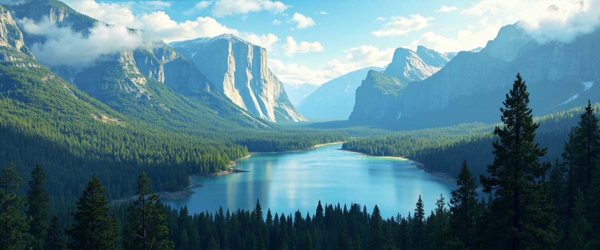Painterly banner illustration of Yosemite Lakes