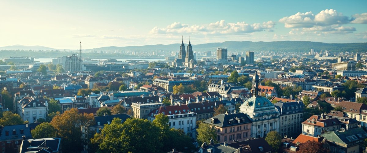 Painterly banner illustration of Zürich (Kreis 5)